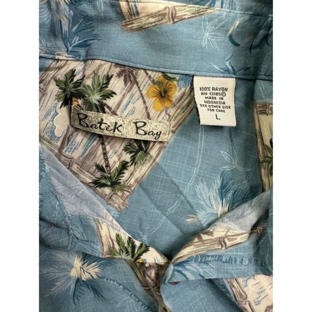 Batik Bay‎ Men Blue Tropical Palm Tree Rayon Aloha Hawaiian Shirt Sz L Short Slv